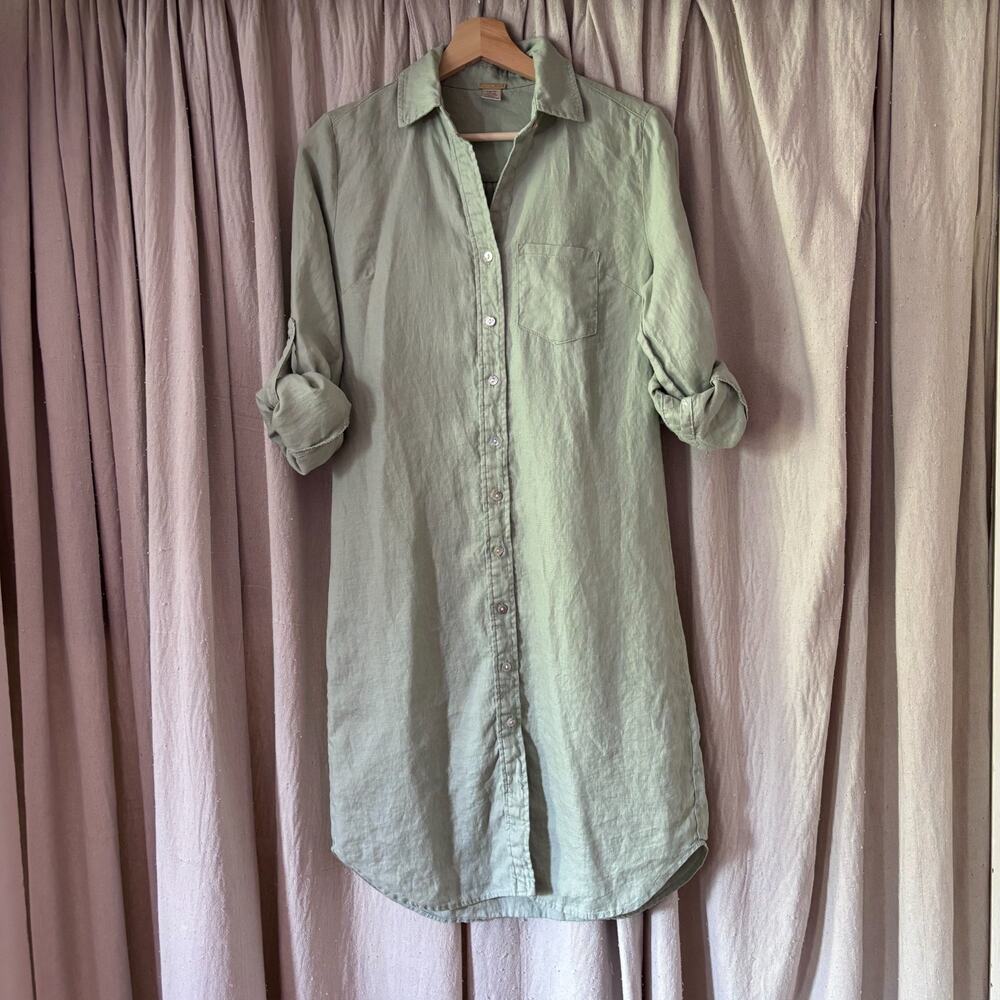 Magaschoni Linen Shirt Dress Sage Green XS Button Down Midi